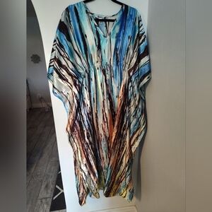 CARESS BLUE WATERFALL MULTI MIX S-4X LOUNGE COVERUP ROBE CAFTAN DRESS KAFTAN#304